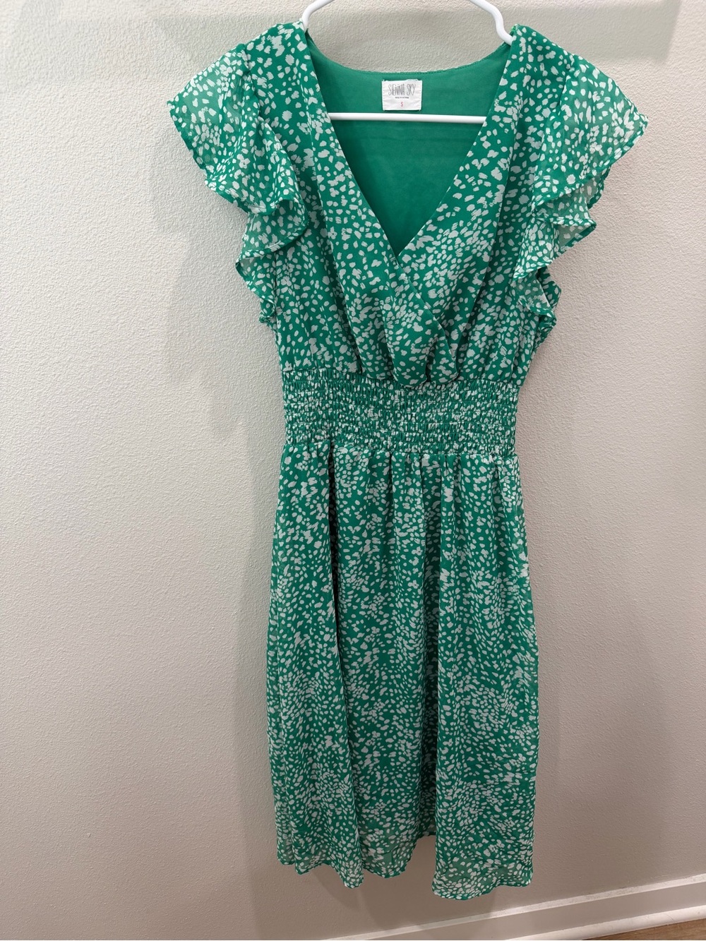 Sienna Sky Green and White Floral V-Neck Smocked-Waist Dress